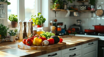 Obraz na płótnie Canvas Sunny Kitchen Scene with Fresh Vegetables on Cutting Board