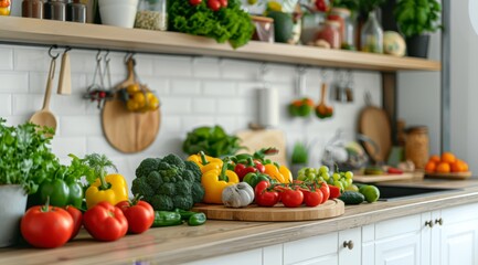 Colorful Array of Fresh Vegetables on Kitchen Counter - obrazy, fototapety, plakaty