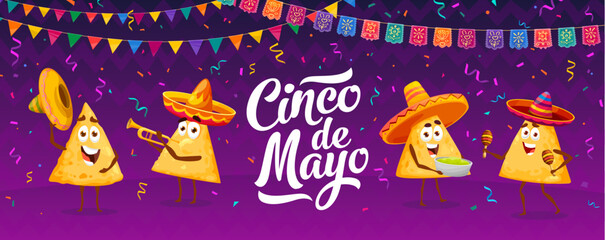 Cinco de mayo holiday, Mexican nachos chips on carnival stage. Vector festive banner with cartoon funny latino band tex mex food characters holding guacamole sauce bowl, playing trumpet and maracas