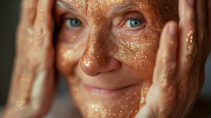 close up of beautiful lady applying glitter makeup on her face, age is just a number age positive