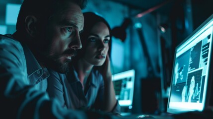 Fototapeta premium Cybersecurity experts in a hidden bunker preventing a massive data breach, styled as a dramatic, suspense thriller.