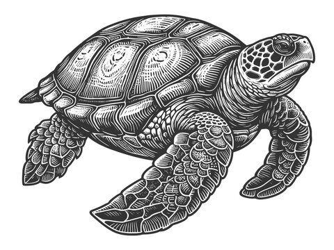 Sea turtle sketch engraving generative ai fictional character vector illustration. Scratch board imitation. Black and white image.