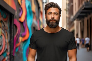 handsome bearded guy wearing plain black t-shirt on wall street art abstract Model Shirt Mockup from Generative AI - obrazy, fototapety, plakaty