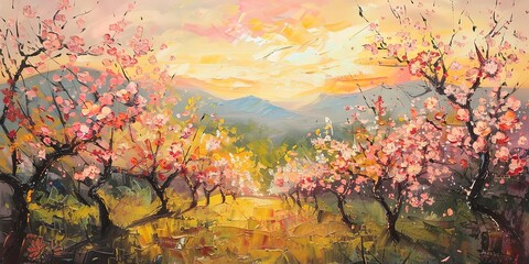 Vintage oil painting of fruit orchard in bloom, panoramic banner, golden hour lighting 