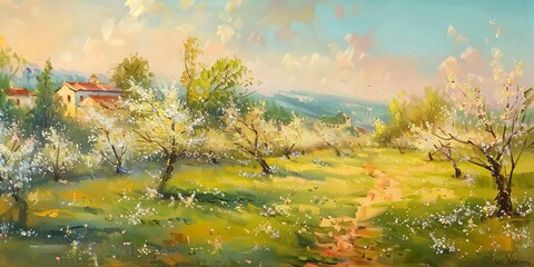 Obraz na płótnie Canvas Vintage oil painting of fruit orchard in bloom, panoramic banner, golden hour lighting 