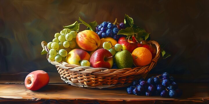 Basket of mixed fruits on wooden table, oil painting style, close-up, warm lighting 