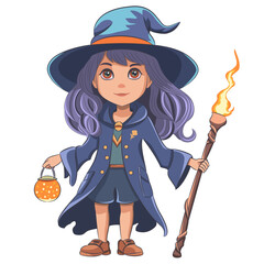 Teenage sorceress girl in a blue cloak, hat, with a burning staff and a pot of potion isolated on a white background.