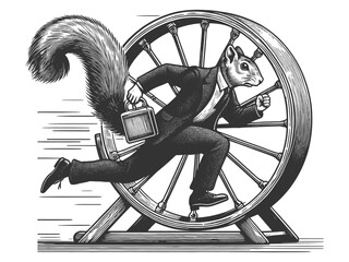 squirrel in business suit running on a wheel, metaphorically representing the corporate rat race sketch engraving generative ai vector illustration. Scratch board imitation. Black and white image.