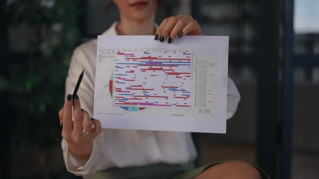 Close-up. A female astrologer shows to the camera a sheet with a printed astrological forecast for the year, which she holds in her hands while sitting on a chair in office. An astrologer explains an