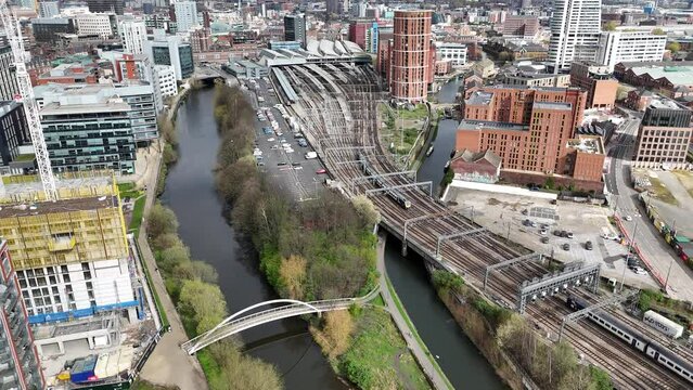 trains on railway line Leeds station UK drone,aerial