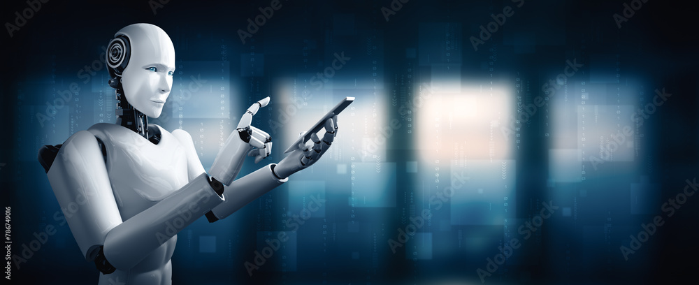Poster xai 3d illustration robot humanoid use mobile phone or tablet in future office while using ai thinki