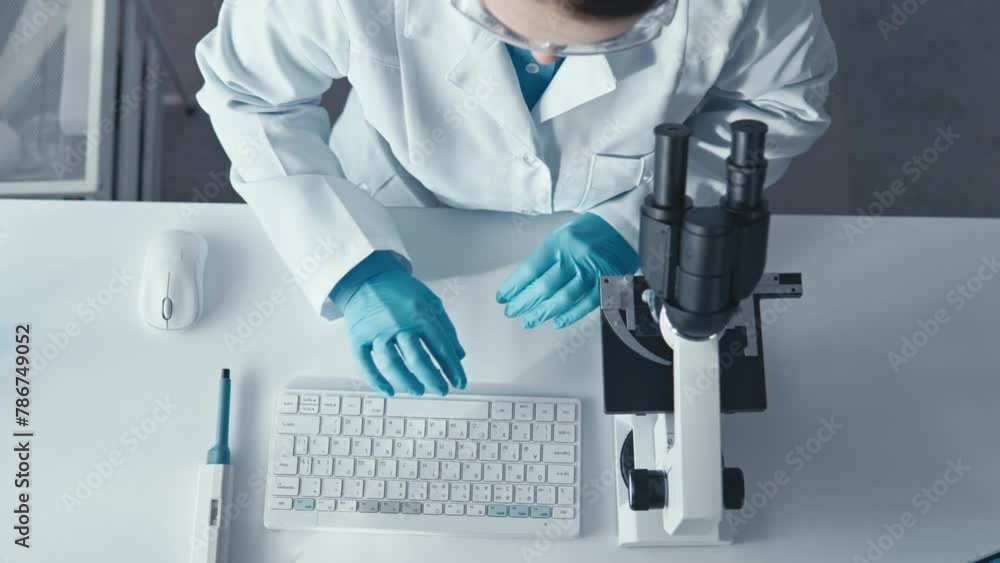 Poster a scientific woman in a medical laboratory combines technology and science while exploring new treat