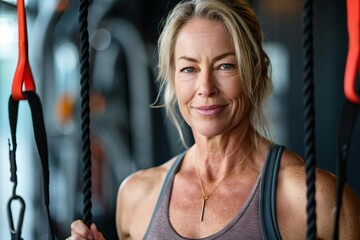 confident athletic woman in her 50s at the gym fitness portrait