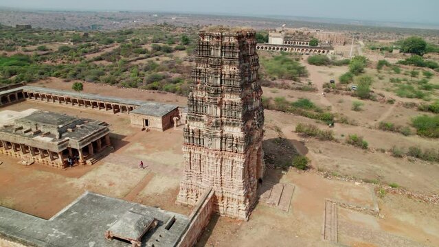 gandikota Madhavaraya Swamy Temple and entrance arch reveal, orbit drone shot at andhra pradesh, india