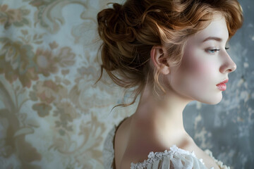 vintage inspired side profile photo of woman on wallpaper background