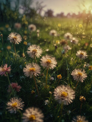 Generative AI Close Up of a Dandelion Flower in a Garden with a Warm Morning Atmosphere