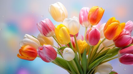 Vibrant Bouquet of Multicolored Tulips with Water Droplets on Glass Surface