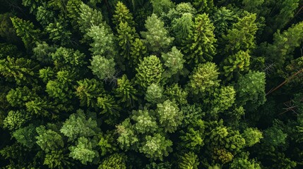 Aerial top view of summer green trees in forest in rural Finland. Drone photography - obrazy, fototapety, plakaty
