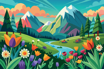 Flower And Mountain Landscape cartoon vector Illustration flat style artwork concept