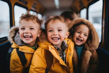 Joyful ride: fun students on a school bus, sharing laughter and creating memories on their journey to school, embodying the spirit of friendship and adventure during their commute together