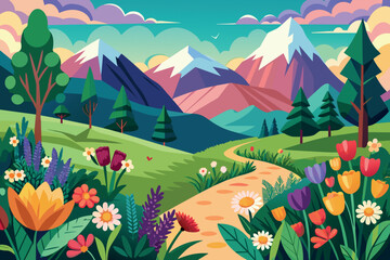 Fototapeta na wymiar Flower And Mountain Landscape cartoon vector Illustration flat style artwork concept