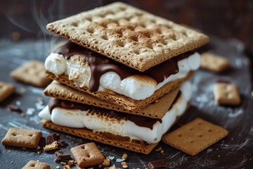 delicious smores with marshmallow chocolate and graham cracker food photography - obrazy, fototapety, plakaty