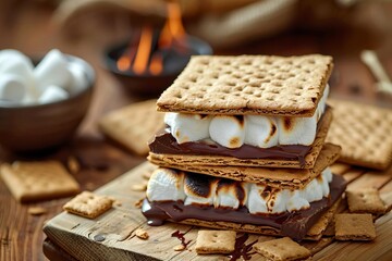 delicious smores with marshmallow chocolate and graham cracker food photography - obrazy, fototapety, plakaty