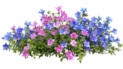 Campanula. Cut out blue and pink flowers. Flower bed isolated on white background. Bush for garden design or landscaping.