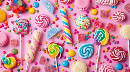 candies with jelly and sugar. colorful array of different childs sweets and treats