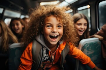 Joyful ride: fun students on a school bus, sharing laughter and creating memories on their journey...