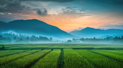 Fototapeta premium A rice field with a misty sky and mountains in the background. The sky was a mix of blue and orange. It creates a calm and peaceful atmosphere.