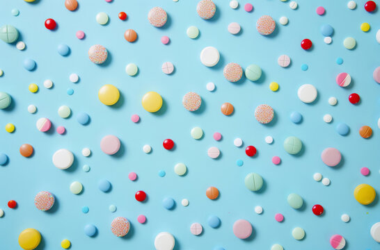 Pills, medical and tablets with color, vitamins and healthcare on a blue studio background. Overdose, addiction awareness and pharmaceutical drugs with supplements and antibiotics with painkiller
