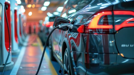 Charging a car at an electric vehicle charging station Electric vehicle charging station for charging EV batteries