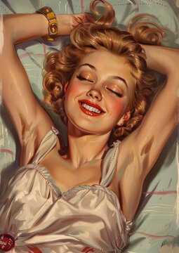 Smiling woman in retro fashion relaxing, high quality vintage style illustration