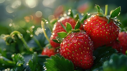 Plump, juicy strawberries, embellished with sparkling dew drops, recline upon verdant green foliage. Generative AI - obrazy, fototapety, plakaty