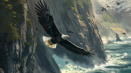 Noble bald eagle soaring
