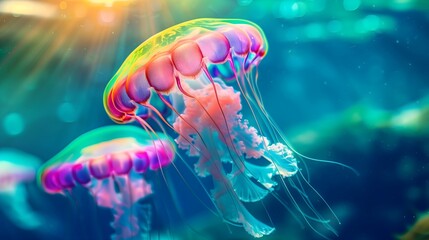 A vibrant jellyfish swimming underwater with a colorful, bokeh light background.