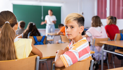 Portrait of young boy sitting at desk in classroom during lesson, looking back at camera.