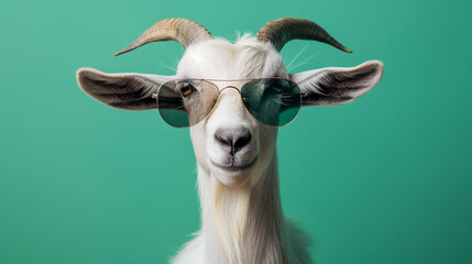 funny goat with glasses eating grass, funny bakra eid, eid ul adha, eid mubarak wallpaper with copy space