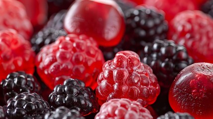 Pile of sweet candies in the shape of raspberries and blackberries.
