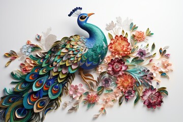 a drawing of a peacock with a blue hat on it