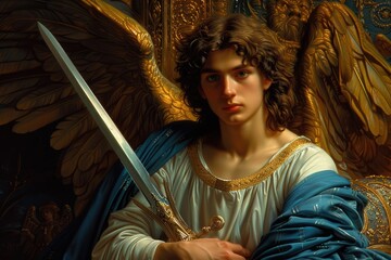Archangel Gabriel, the celestial emissary bridging judaism, christianity, and islam, embodying divine strength and lordly power, revered as the singular archistratigus in orthodoxy - obrazy, fototapety, plakaty