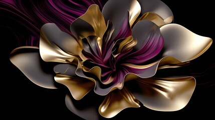 Closeup of a beautiful, fantastical metallic flower in gold, purple and gray