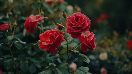 Red roses bloom in the summer in the country garden
