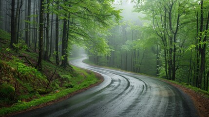 Obraz premium Road in foggy forest in rainy day in spring. Beautiful mountain curved roadway, trees with green foliage in fog and overcast sky.