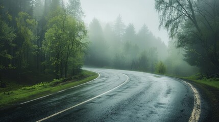 Fototapeta premium Road in foggy forest in rainy day in spring. Beautiful mountain curved roadway, trees with green foliage in fog and overcast sky.