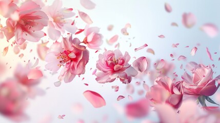 Obraz na płótnie Canvas Sakura petal spring blossom on white banner. Flower flying background. Pink rose composition.