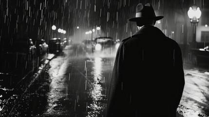 Film Noir Style: Male Detective Stands in Night Street Rain