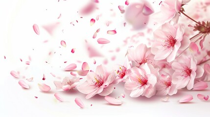 Sakura petal spring blossom on white banner. Flower flying background. Pink rose composition.