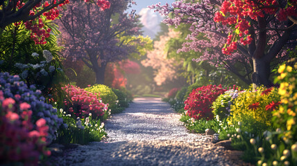  The soft crunch of gravel pathways and the vibrant colors of blossoms in full bloom, guiding your senses on a journey through a picturesque spring garden. 
